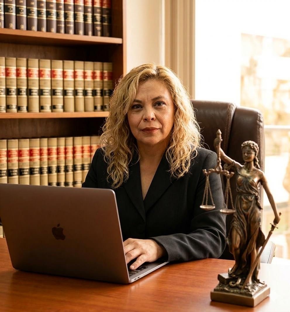 Licenciada en oficina con estatua de la justicia